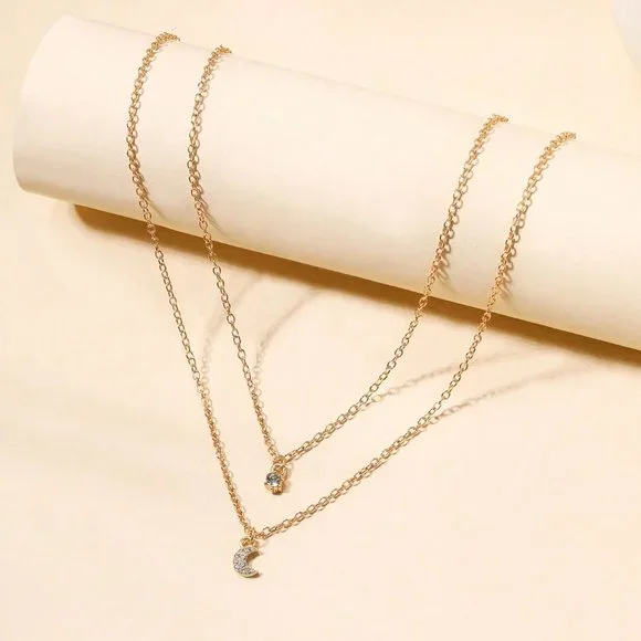 Layered Necklace, Rhinestone Moon Charm Layered Necklace - Picture 6 of 6